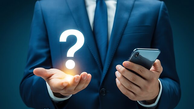 Businessman holding smartphone and question