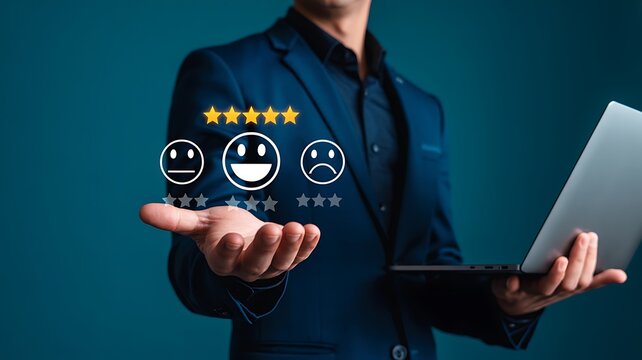 Businessman holding laptop with rating icons