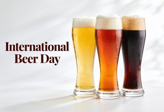 Three different beer styles in glass mugs celebrating International Beer Day