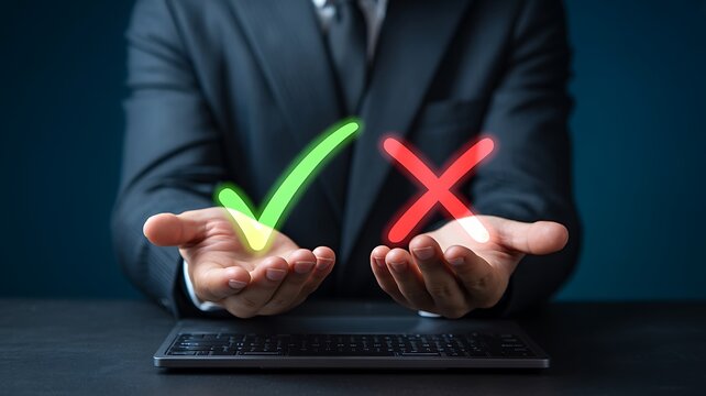 Businessman showing check mark and cross sign