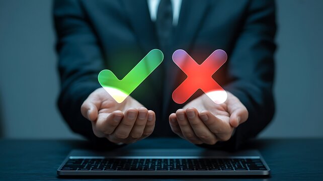 Businessman showing check and cross marks