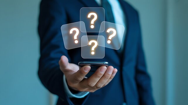 Businessman holding smartphone with questions