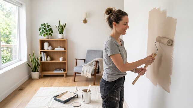 Interior wall painting with roller in soft light