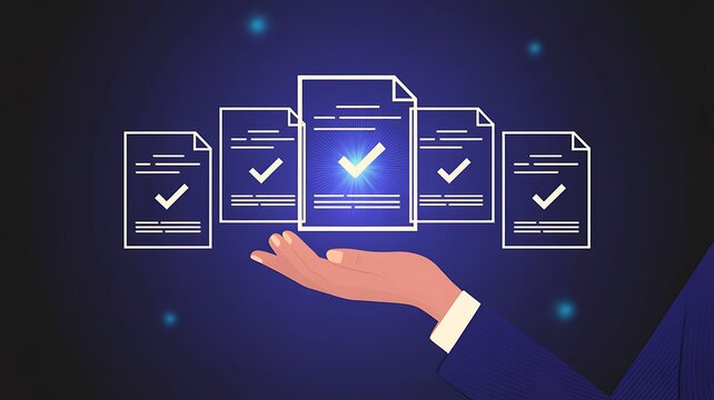 Hand holding paper documents with check marks