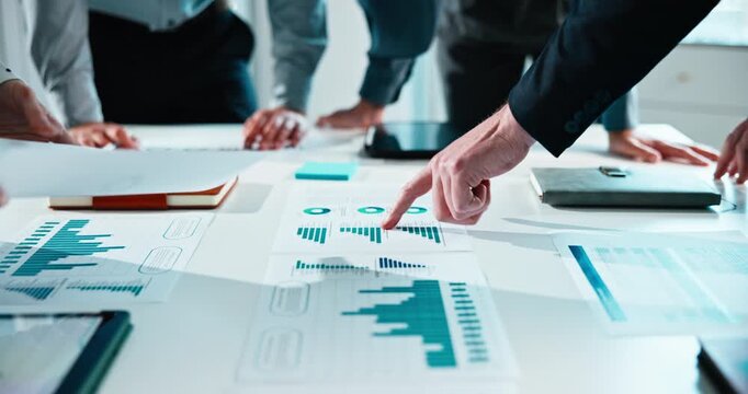 Meeting, graphs and documents with business hands in office for company profit, revenue and pitch. Paperwork, charts and financial manager with people for investment planning, budget or teamwork