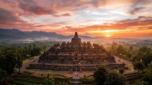 Majestic Borobudur Temple at sunrise with dramatic clouds and misty mountains in Indonesia