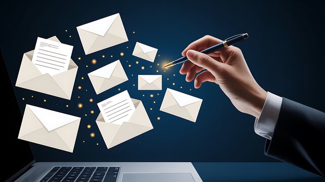 Hand holding pen sending many email letters