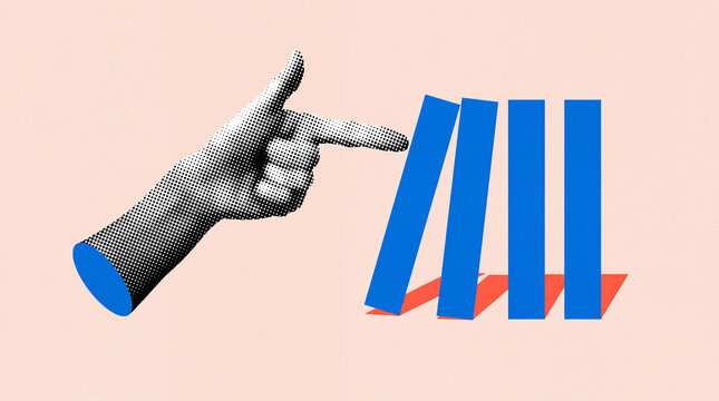 A dotted hand initiates a domino effect by pushing the first blue block in a line of falling blocks.