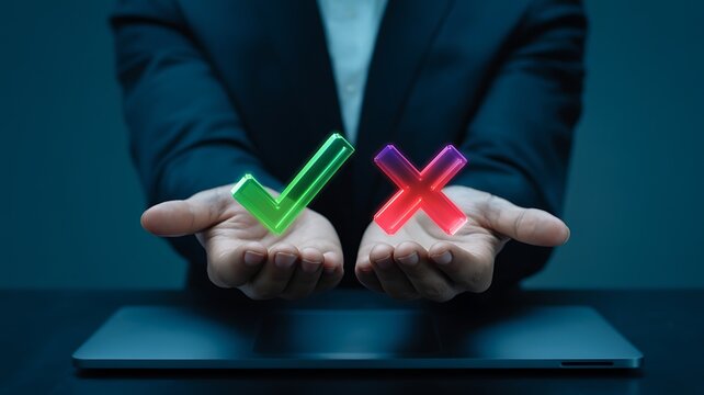 Business person holding check and cross icons