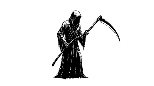 Grim Reaper holding a scythe, dark hooded figure of death, black and white horror character illustration, spooky gothic angel of death on white background