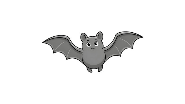 Cute cartoon bat illustration, friendly flying fruit bat character, grey nocturnal animal drawing isolated on white background for kids design