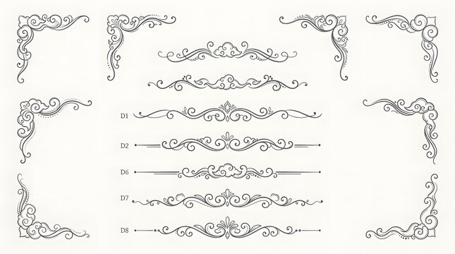 Elegant vintage swirl ornaments. Decorative floral borders and classic scroll dividers.