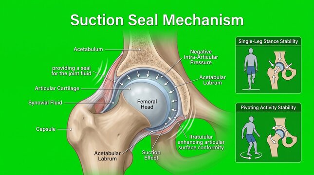Human hip joint anatomy diagram. Medical illustration of the labrum suction seal mechanism.