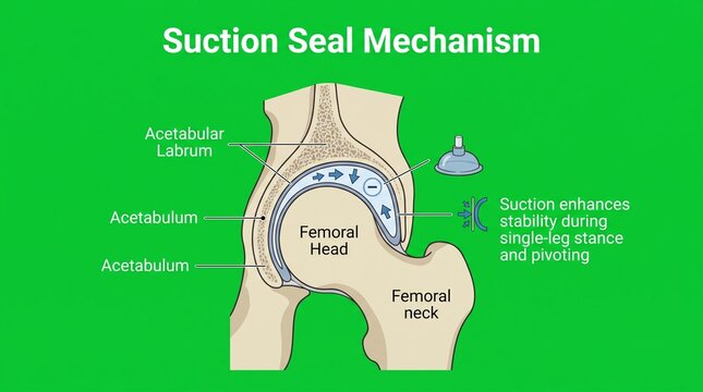Hip joint suction seal mechanism diagram. Medical illustration of acetabular labrum function.