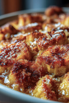 Sweet bread pudding dessert with toasted coconut topping