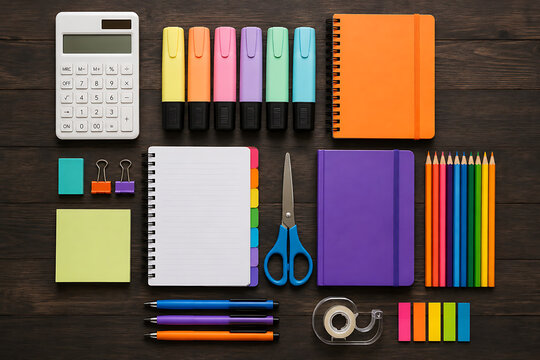 Colorful school stationery set on dark wood, organized office supplies with notebooks and calculator, vibrant back to school desk flat lay isolated on White Background ai