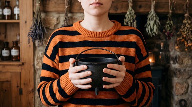 Young person holding a small cauldron with dried herbs and potions in background, mystic witch and fantasy hobby macro close-up, festive detail, halloween background