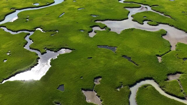 Narrow channels meander through an extensive salt marsh in Pleasant Bay, Cape Cod. Marshes provide critical habitat for many birds, fish, and marine invertebrates to feed, mate, and nest.