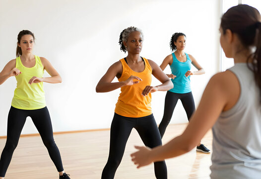 Diverse group of women in activewear performing synchronized exercise movements during a fitness class indoors, the women are focused on their instructor, engaging in physical activity for health