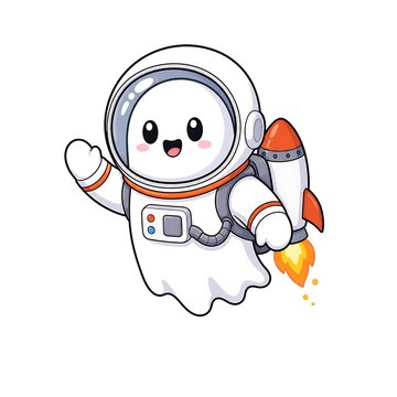 Cute Halloween Ghost Astronaut Flying with Jetpack Rocket Spooky Cartoon Character