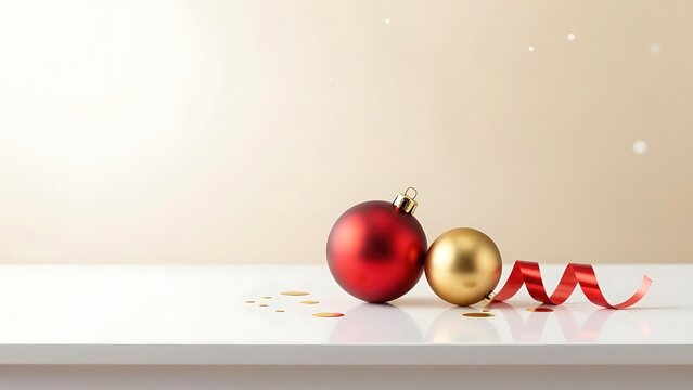 Red and gold Christmas trinkets with curled ribbons and confetti on a white table, a minimalist holiday concept with a copy of the text location