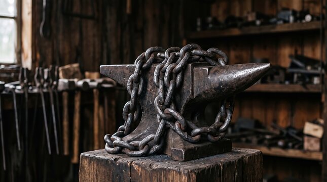 Heavy forged chain lies draped over a worn anvil inside a traditional wooden blacksmith workshop. Concept metalwork, strength and heritage craft for ads, blogs and editorial. Generative AI.