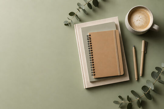 Minimalist workspace flat lay with kraft paper notebook, ceramic coffee cup and eucalyptus leaves, aesthetic office stationery on sage green surface isolated on White Background ai