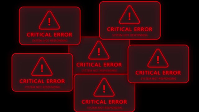 Critical error system warning notification pop-ups on dark background, digital cyber security alert system failure