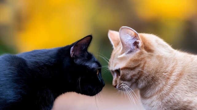 Black cat and ginger cat face each other outdoors against a warm blurred autumn background