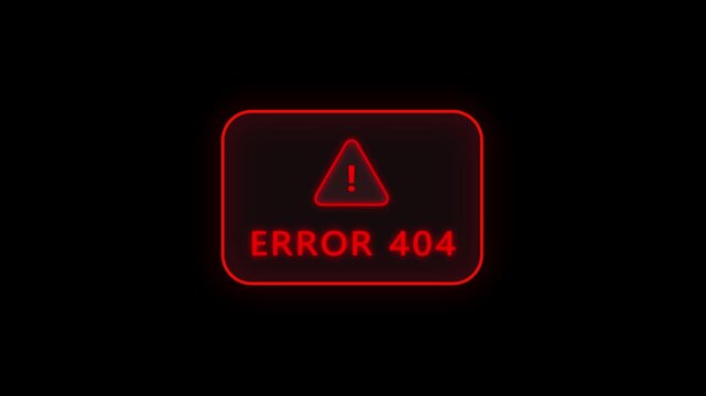 Red neon error 404 not found sign flashing on black background, digital website connection failure concept