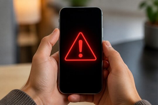 Person holding phone showing red warning icon indoors at table