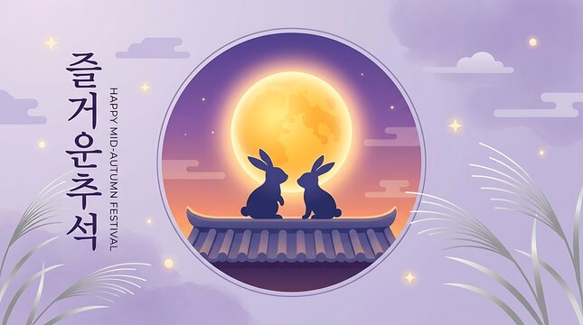 Mid Autumn Festival illustration featuring two rabbits sitting on a traditional roof under a large full moon