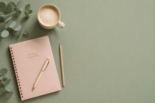 Minimalist weekly planner on sage green desk, pink spiral notebook with coffee cup and eucalyptus, aesthetic workspace flat lay for productivity isolated on White Background ai