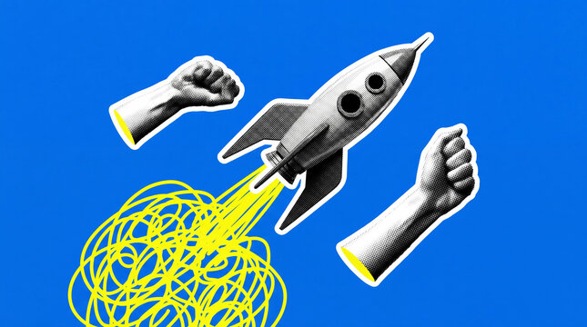 A stylized rocket blasts off with yellow smoke trails, accompanied by two clenched fists and chaotic scribbles on a vibrant blue background.