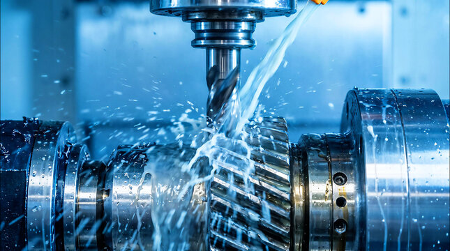 CNC milling machine cutting metal part. Industrial metalwork with coolant fluid spray.