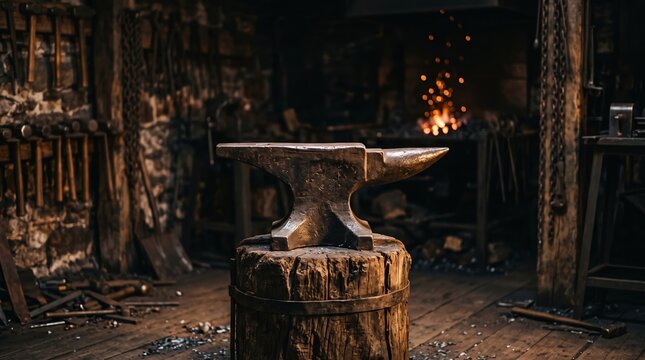 Empty blacksmith workshop features a central anvil, hanging tools and glowing forges in smoky light. Concept heritage metalwork, industry and editorial advertising. Generative AI.