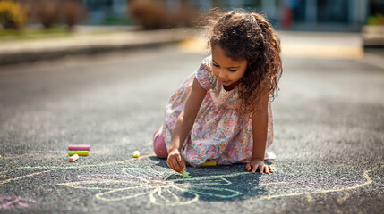 Fototapeta premium Girl drawing with chalk in spring sun on pavement