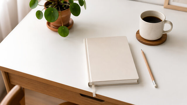 Minimalist workspace with blank notebook, white desk with coffee mug and green plant, aesthetic home office setup for journaling and productivity isolated on White Background ai