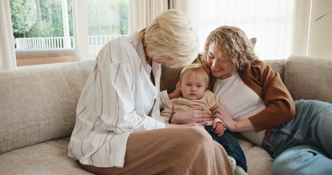 Smile, family and relax at house with baby, love and parental support for bonding together. Happy, grandmother and mother in lounge with child, generations and nuturing childcare for weekend break