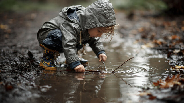 Toddler playing with stick in puddle outdoors