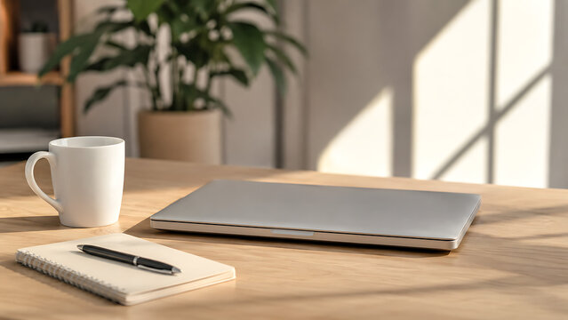 Minimalist home office workspace, closed silver laptop on wooden desk, modern remote work setup with coffee mug and notebook in warm sunlight isolated on White Background ai