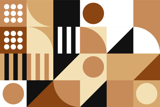 Memphis style abstract vector tiles. Geometric backgrounds with brown and black shapes, circles and stripes. Retro 80s design pattern for web and print.