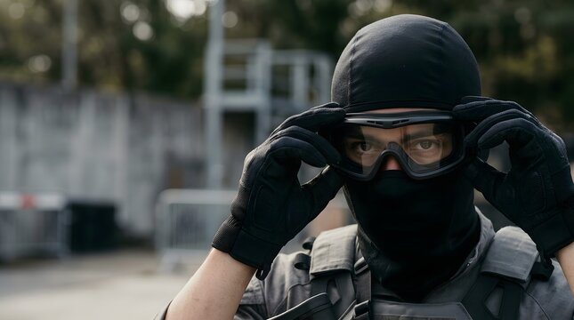 swat officer adjusting protective tactical goggles wearing balaclava mask during outdoor training mission