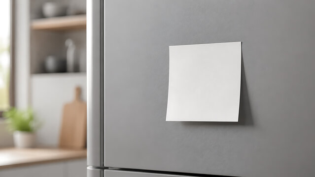 Blank white sticky note on a modern grey refrigerator, square paper memo mockup on fridge door, minimalist kitchen reminder template isolated on White Background ai