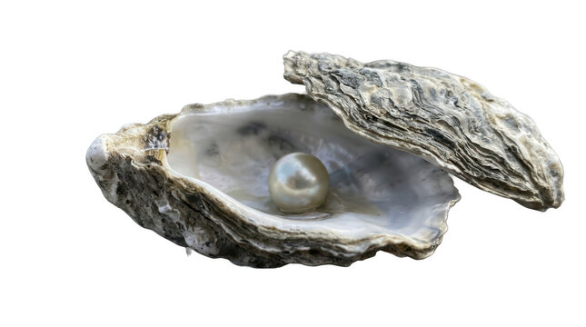 Natural open oyster shell with shimmering white pearl inside isolated on white background