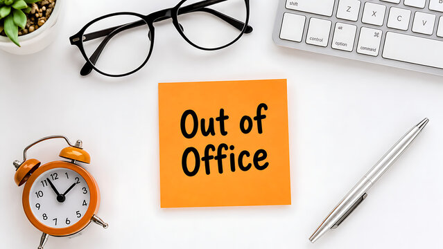 Out of Office message on orange sticky note, business vacation and holiday break concept, workspace desk with alarm clock and keyboard isolated on White Background ai