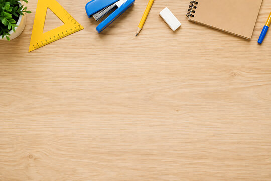 Educational school supplies on wooden desk, creative workspace with stationery and notebook, back to school flat lay with copy space isolated on White Background ai