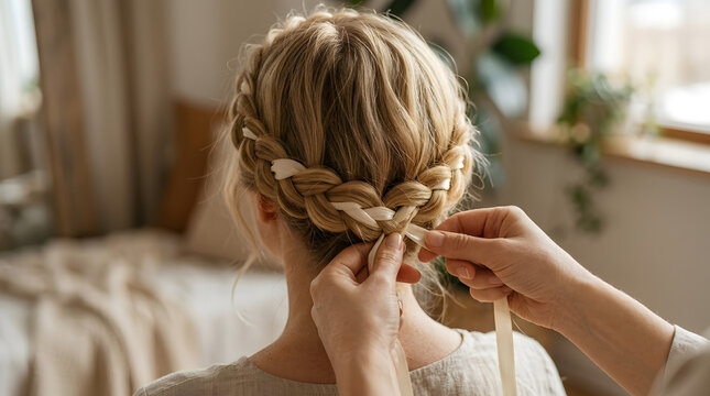 Close up of hands styling a blonde woman's hair into an elegant crown braid hairstyle in a bright indoor room