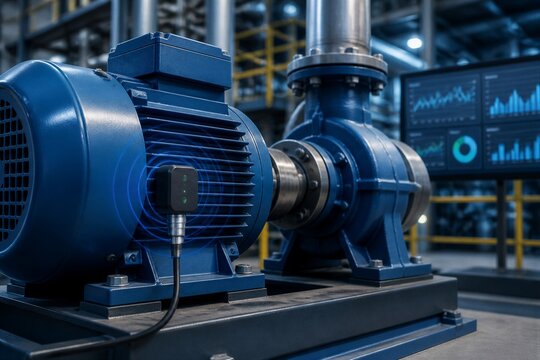Industrial electric motor connected to pump in factory setting