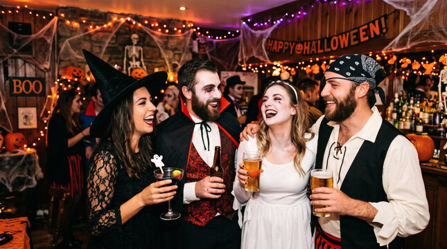 People dressed in elaborate Halloween costumes stand together in a dimly lit, decorated bar while enjoying drinks and conversation.
